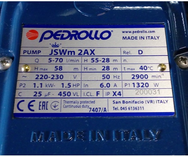 Насос самовсасывающий Pedrollo JSWm 2AX